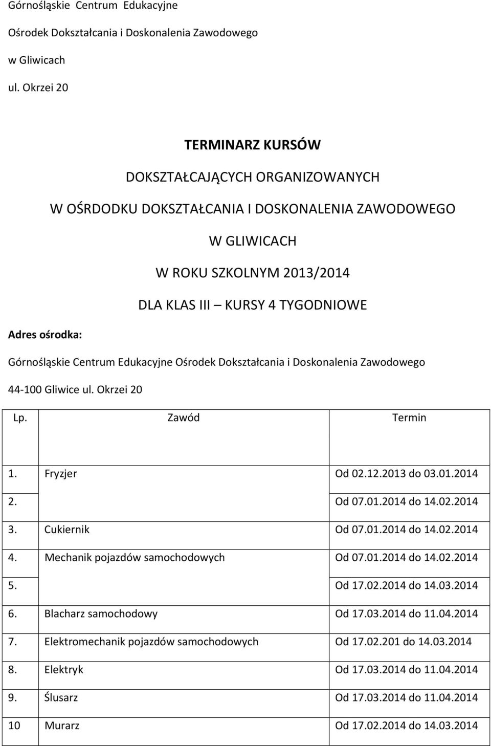 ośrodka: Górnośląskie Centrum Edukacyjne Ośrodek Dokształcania i Doskonalenia Zawodowego 44-100 Gliwice ul. Okrzei 20 Lp. Zawód Termin 1. Fryzjer Od 02.12.2013 do 03.01.2014 2. 3. Cukiernik 4.