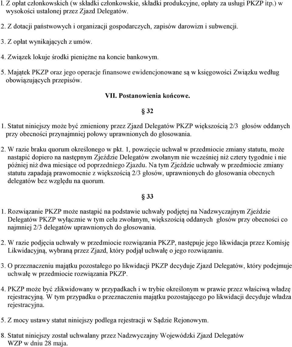 Majątek PKZP oraz jego operacje finansowe ewidencjonowane są w księgowości Związku według obowiązujących przepisów. VII. Postanowienia końcowe. 32 1.