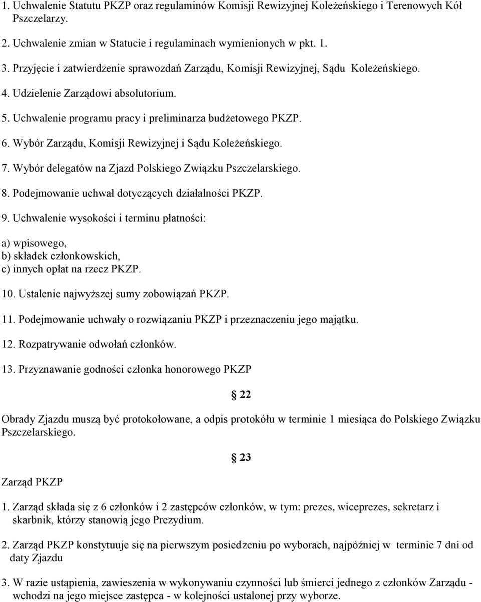 Wybór Zarządu, Komisji Rewizyjnej i Sądu Koleżeńskiego. 7. Wybór delegatów na Zjazd Polskiego Związku Pszczelarskiego. 8. Podejmowanie uchwał dotyczących działalności PKZP. 9.