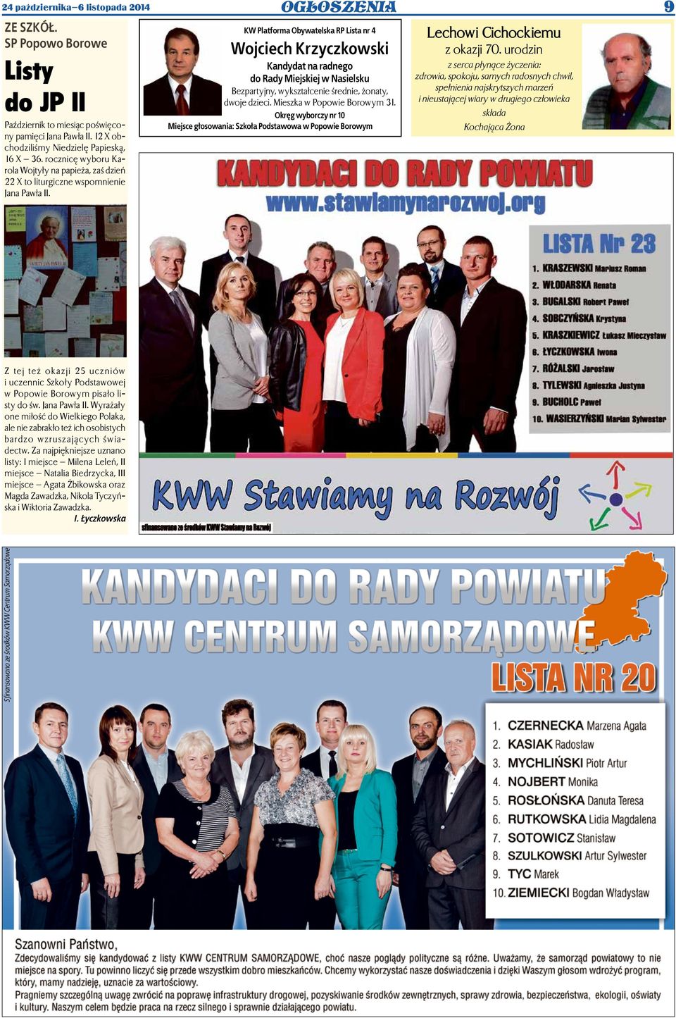 OGŁOSZENIA 9 KW Platforma Obywatelska RP Lista nr 4 Wojciech Krzyczkowski Kandydat na radnego do Rady Miejskiej w Nasielsku Bezpartyjny, wykształcenie średnie, żonaty, dwoje dzieci.