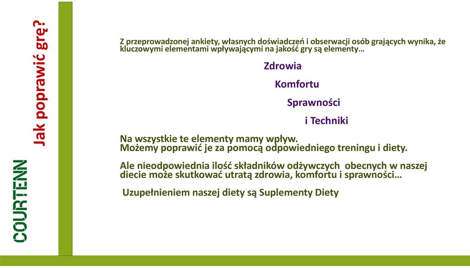 wpływającymi na jakość gry są elementy Zdrowia Komfortu Sprawności i Techniki Na wszystkie te elementy mamy wpływ.