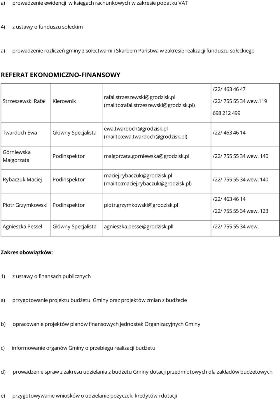 119 698 212 499 Twardoch Ewa Główny Specjalista ewa.twardoch@grodzisk.pl (mailto:ewa.twardoch@grodzisk.pl) /22/ 463 46 14 Górniewska Małgorzata malgorzata.gorniewska@grodzisk.pl wew.