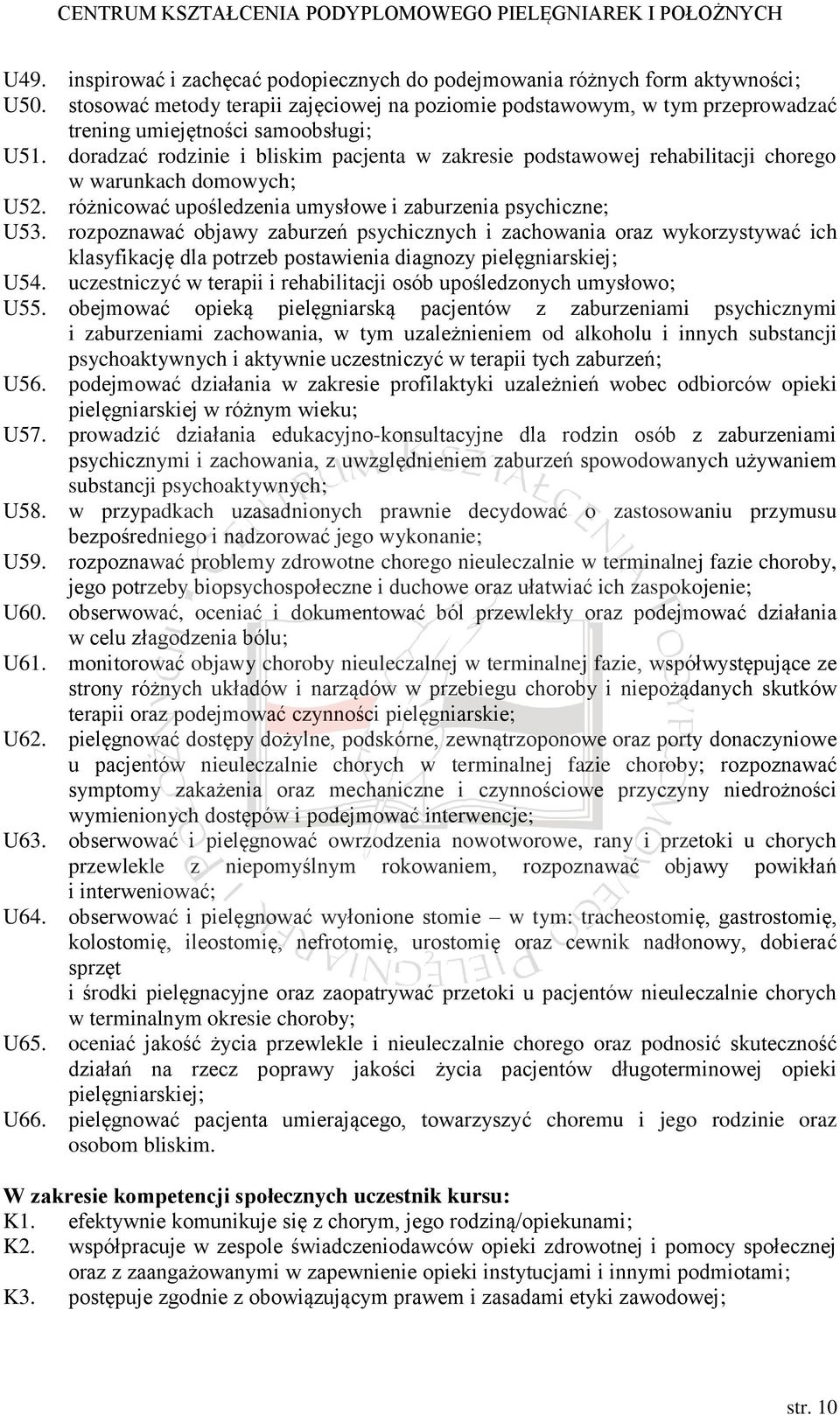 doradzać rodzinie i bliskim pacjenta w zakresie podstawowej rehabilitacji chorego w warunkach domowych; U52. różnicować upośledzenia umysłowe i zaburzenia psychiczne; U53.