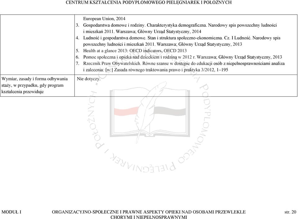 Health at a glance 2013: OECD indicators, OECD 2013 6. Pomoc społeczna i opieka nad dzieckiem i rodziną w 2012 r. Warszawa; Główny Urząd Statystyczny, 2013 7. Rzecznik Praw Obywatelskich.