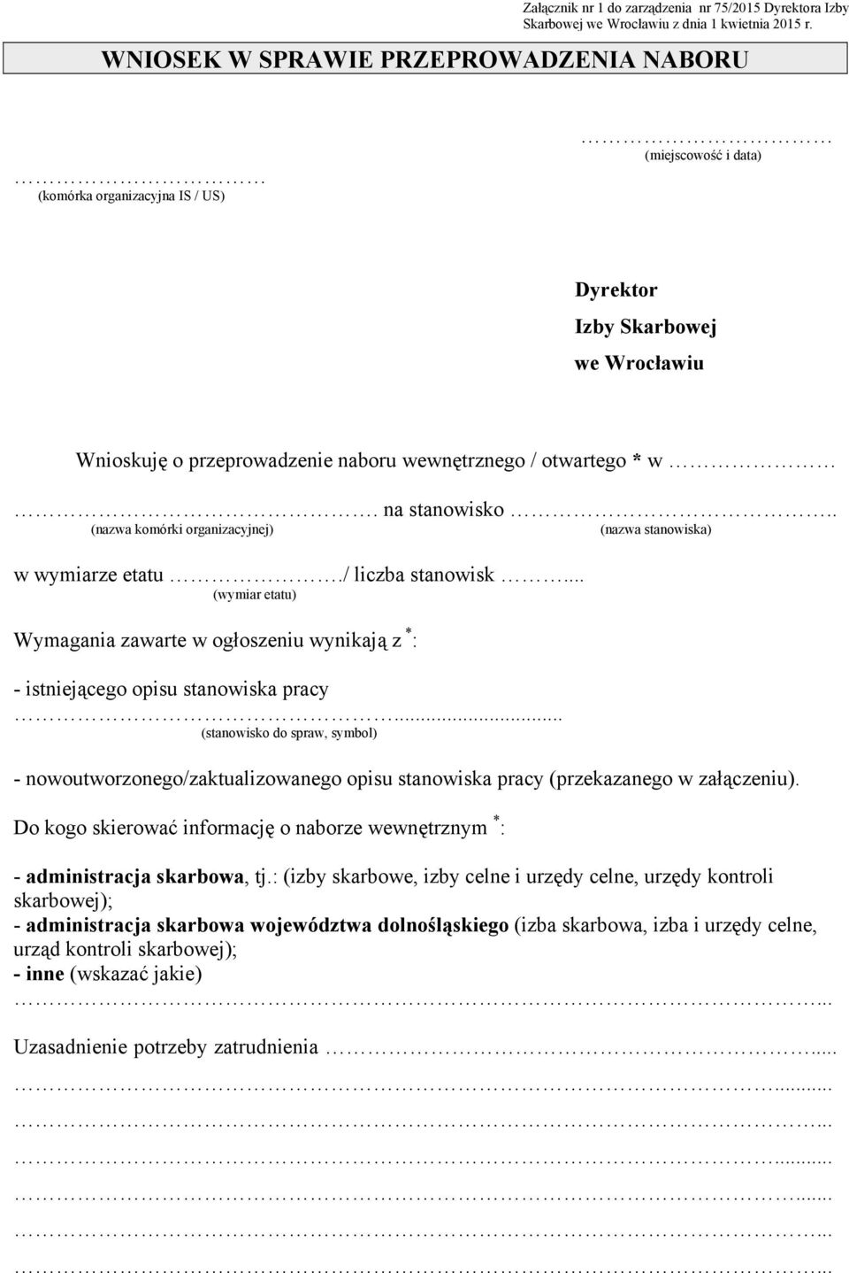 na stanowisko.. (nazwa komórki organizacyjnej) (nazwa stanowiska) w wymiarze etatu./ liczba stanowisk.