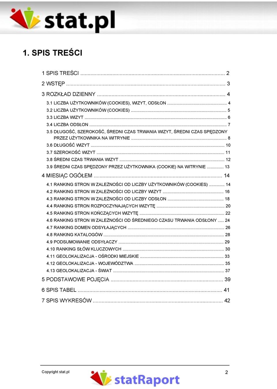 8 ŚREDNI CZAS TRWANIA WIZYT... 12 3.9 ŚREDNI CZAS SPĘDZONY PRZEZ UŻYTKOWNIKA (COOKIE) NA WITRYNIE... 13 4 MIESIĄC OGÓŁEM... 14 4.1 RANKING STRON W ZALEŻNOŚCI OD LICZBY UŻYTKOWNIKÓW (COOKIES)... 14 4.2 RANKING STRON W ZALEŻNOŚCI OD LICZBY WIZYT.