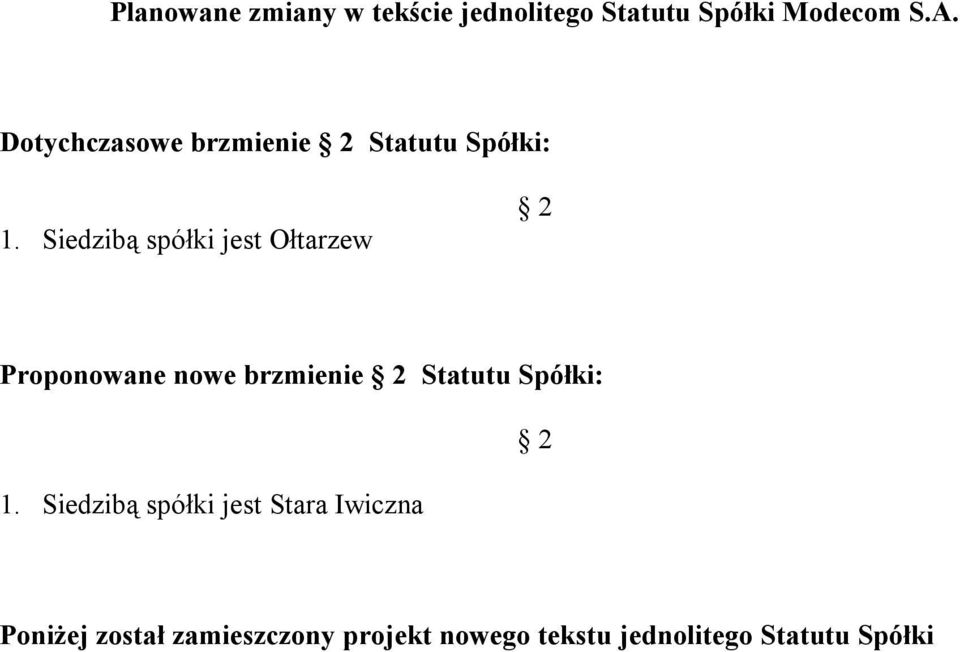 Siedzibą spółki jest Ołtarzew 2 Proponowane nowe brzmienie 2 Statutu Spółki: