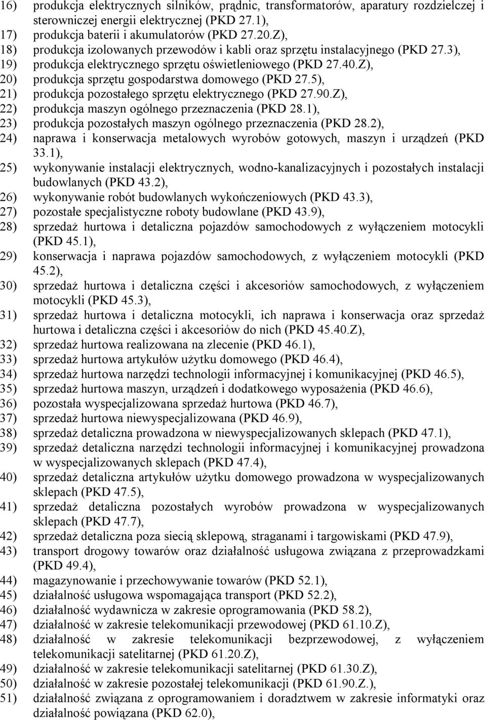 Z), 20) produkcja sprzętu gospodarstwa domowego (PKD 27.5), 21) produkcja pozostałego sprzętu elektrycznego (PKD 27.90.Z), 22) produkcja maszyn ogólnego przeznaczenia (PKD 28.