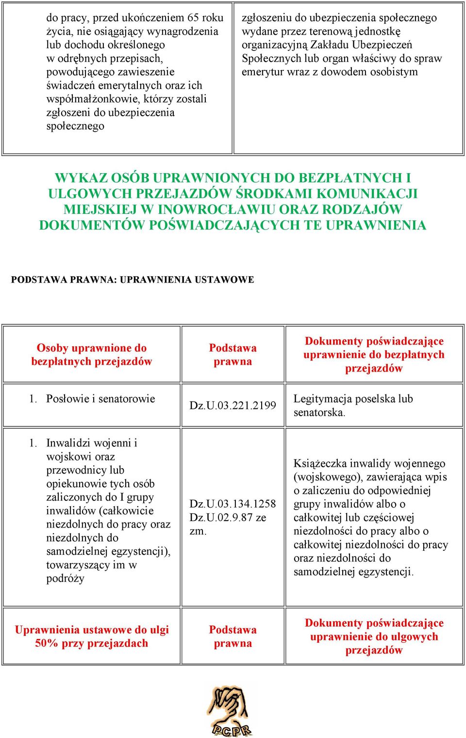 emerytur wraz z dowodem osobistym WYKAZ OSÓB UPRAWNIONYCH DO BEZPŁATNYCH I ULGOWYCH PRZEJAZDÓW ŚRODKAMI KOMUNIKACJI MIEJSKIEJ W INOWROCŁAWIU ORAZ RODZAJÓW DOKUMENTÓW POŚWIADCZAJĄCYCH TE UPRAWNIENIA