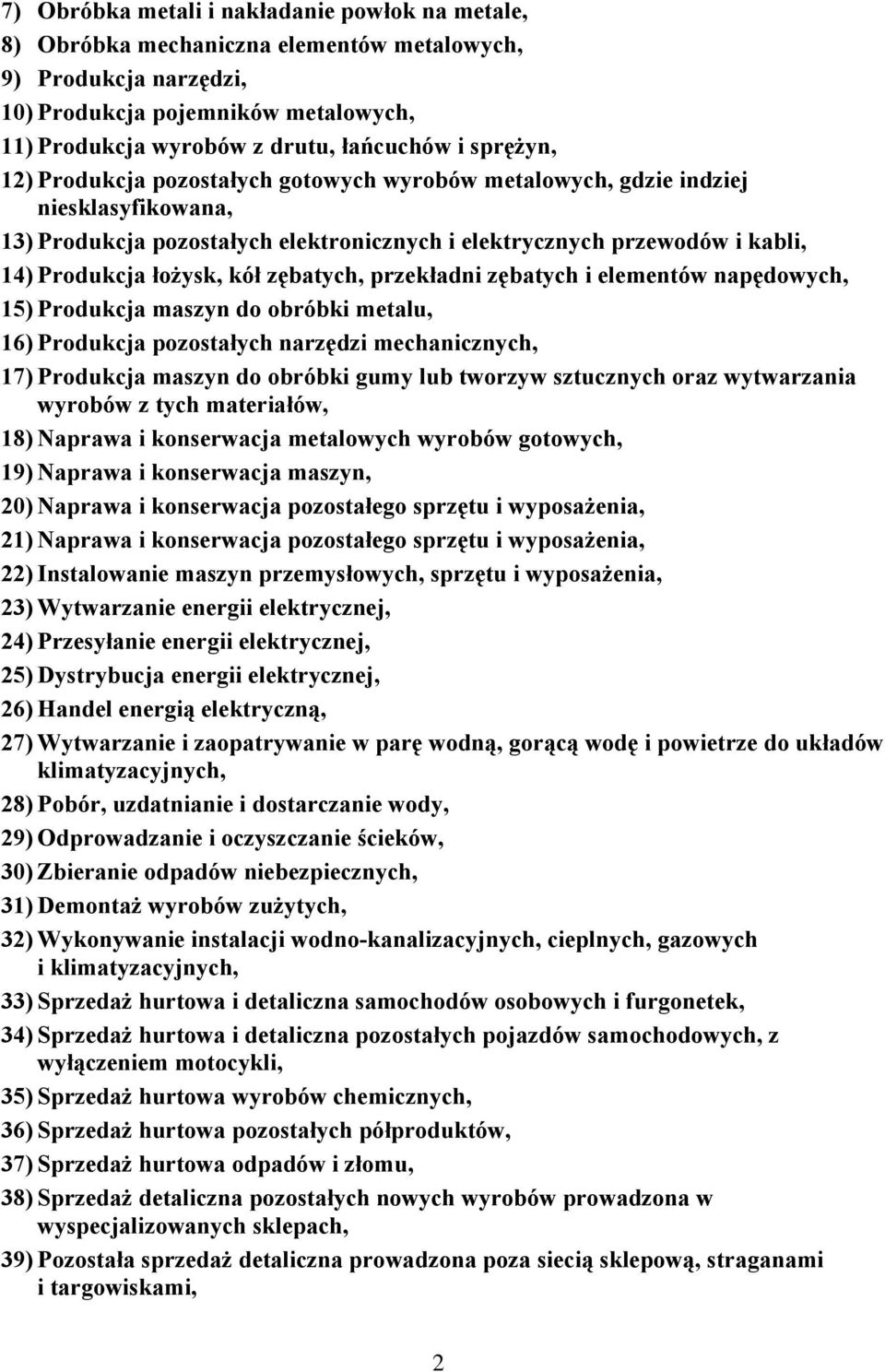 zębatych, przekładni zębatych i elementów napędowych, 15) Produkcja maszyn do obróbki metalu, 16) Produkcja pozostałych narzędzi mechanicznych, 17) Produkcja maszyn do obróbki gumy lub tworzyw