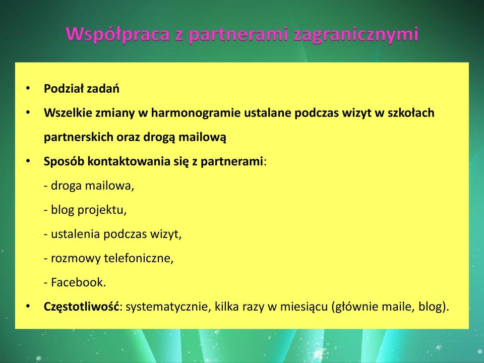 z partnerami: - droga mailowa, - blog projektu, - ustalenia podczas wizyt, - rozmowy