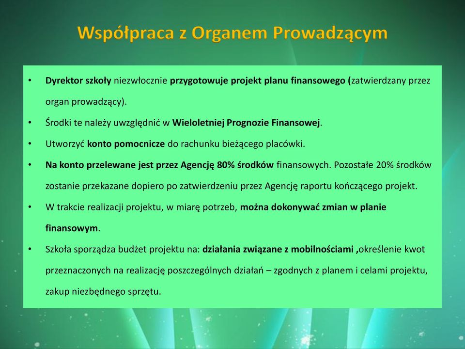 Na konto przelewane jest przez Agencję 80% środków finansowych. Pozostałe 20% środków zostanie przekazane dopiero po zatwierdzeniu przez Agencję raportu kończącego projekt.