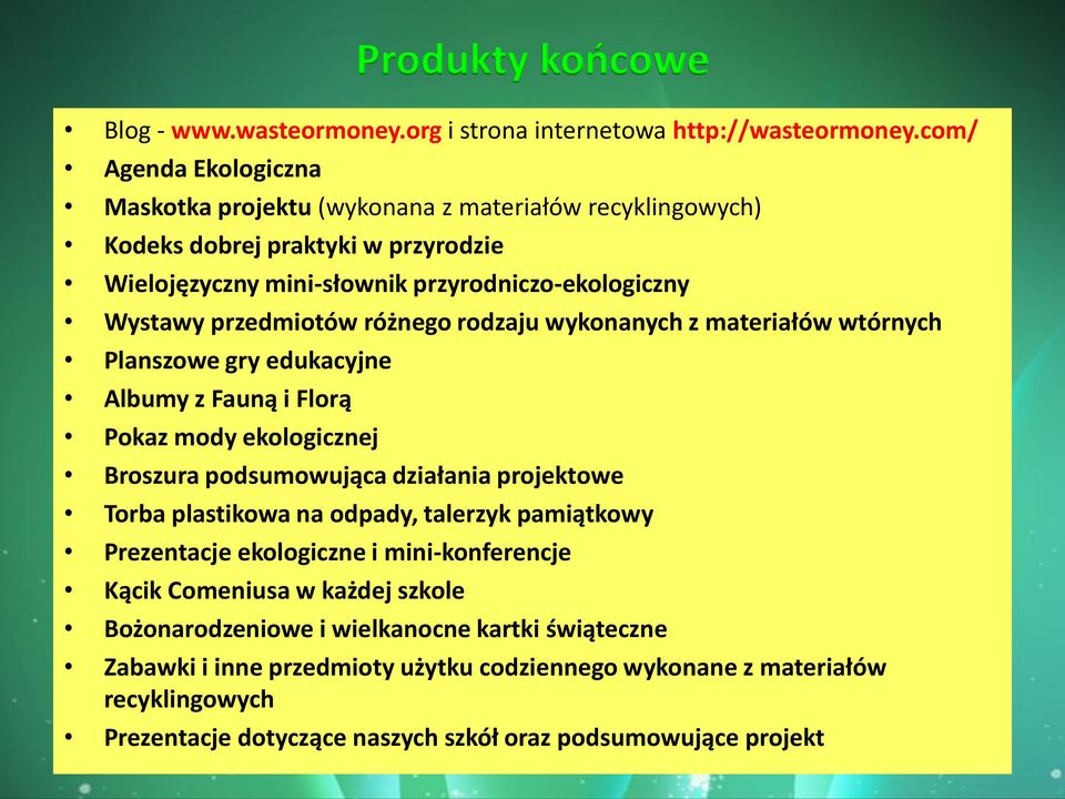 różnego rodzaju wykonanych z materiałów wtórnych Planszowe gry edukacyjne Albumy z Fauną i Florą Pokaz mody ekologicznej Broszura podsumowująca działania projektowe Torba plastikowa na