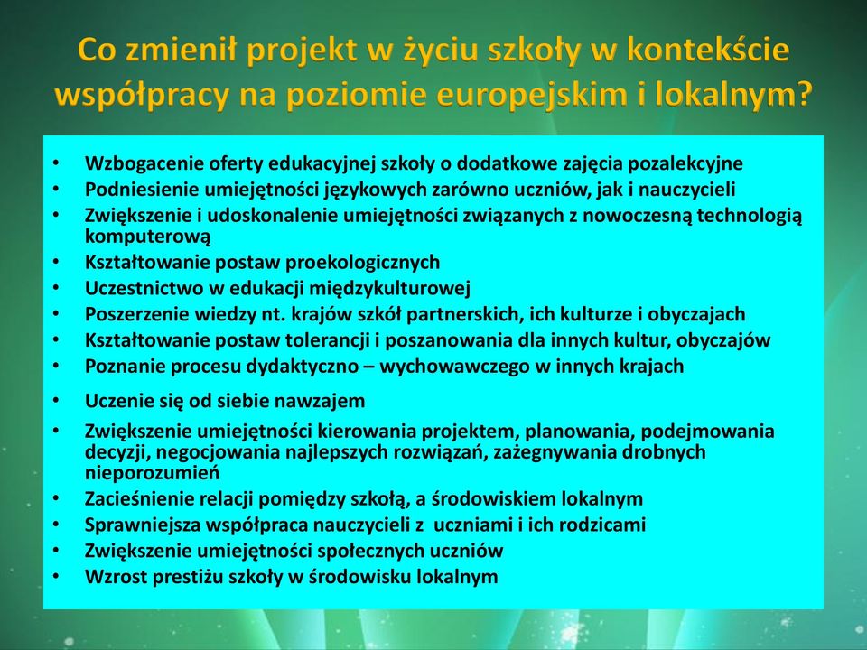 nowoczesną technologią komputerową Kształtowanie postaw proekologicznych Uczestnictwo w edukacji międzykulturowej Poszerzenie wiedzy nt.