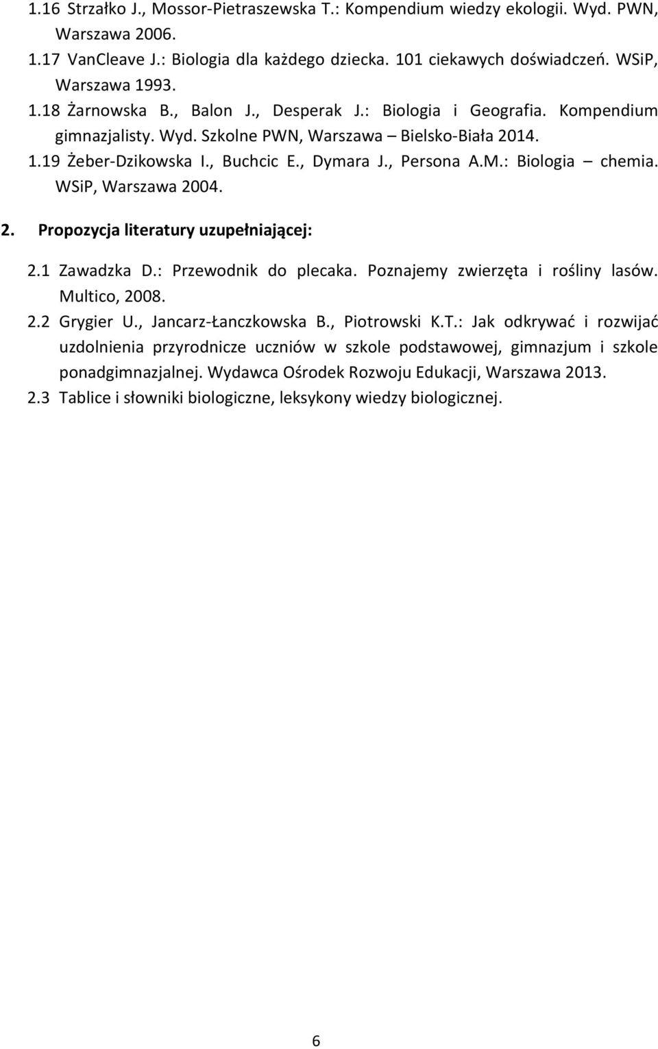 WSiP, Warszawa 2004. 2. Propozycja literatury uzupełniającej: 2.1 Zawadzka D.: Przewodnik do plecaka. Poznajemy zwierzęta i rośliny lasów. Multico, 2008. 2.2 Grygier U., Jancarz-Łanczkowska B.