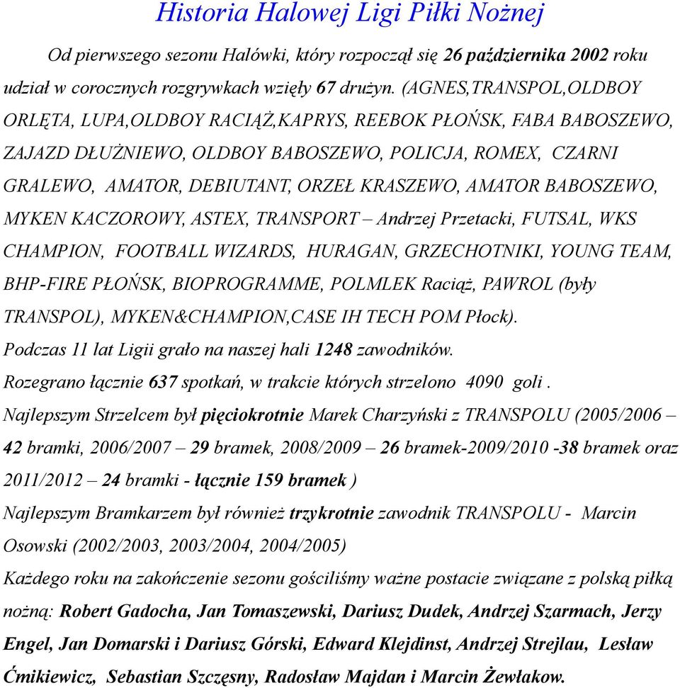 BABOSZEWO, MYKEN KACZOROWY, ASTEX, TRANSPORT Andrzej Przetacki, FUTSAL, WKS CHAMPION, FOOTBALL WIZARDS, HURAGAN, GRZECHOTNIKI, YOUNG TEAM, BHP-FIRE PŁOŃSK, BIOPROGRAMME, POLMLEK Raciąż, PAWROL (były