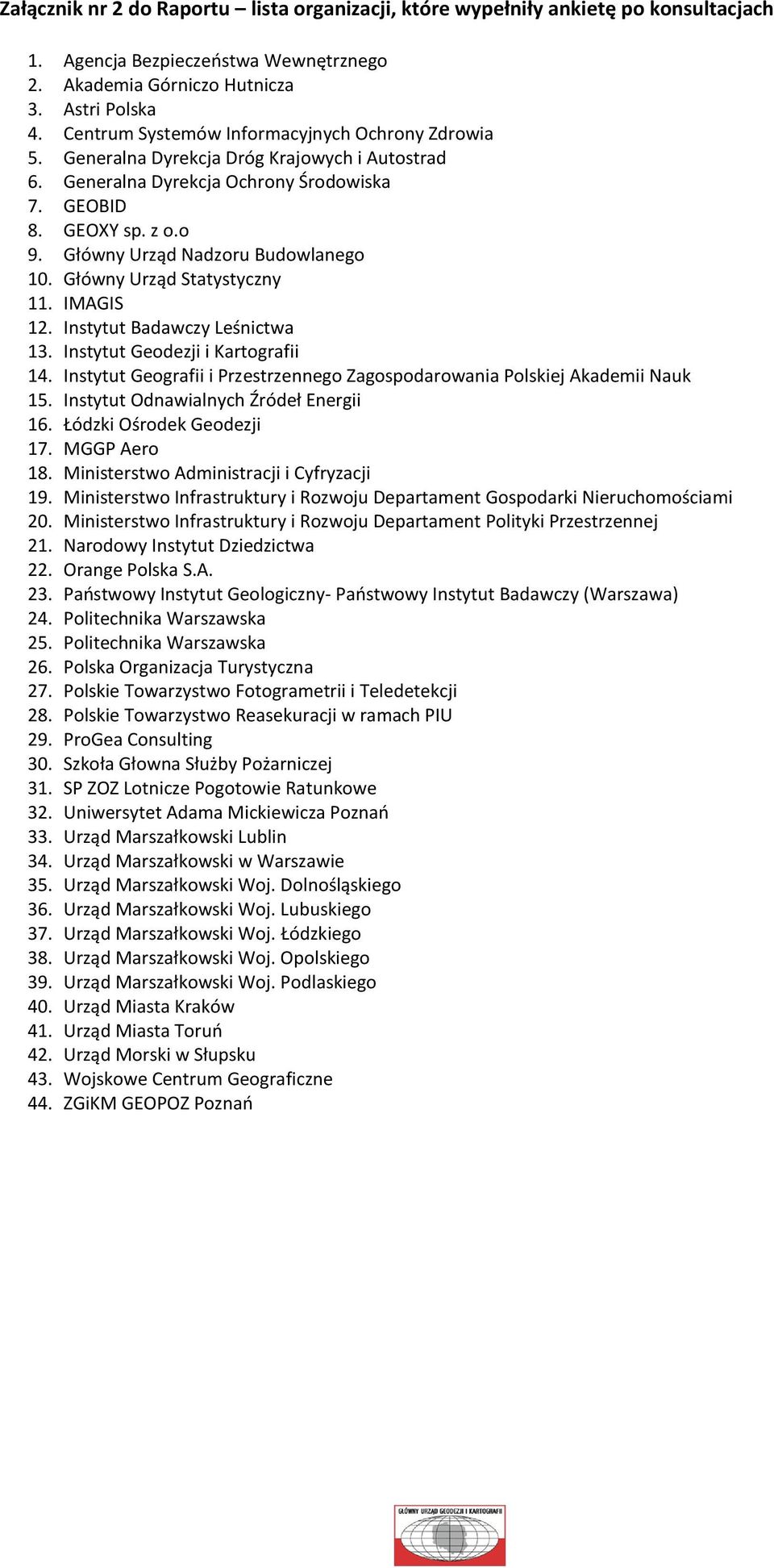 Główny Urząd Nadzoru Budowlanego 10. Główny Urząd Statystyczny 11. IMAGIS 12. Instytut Badawczy Leśnictwa 13. Instytut Geodezji i Kartografii 14.