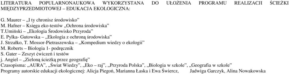 Mossor-Pietraszewska Kompedium wiedzy o ekologii M. Roberts 1- podręcznik S. Gater Zeszyt ćwiczeń i testów j.