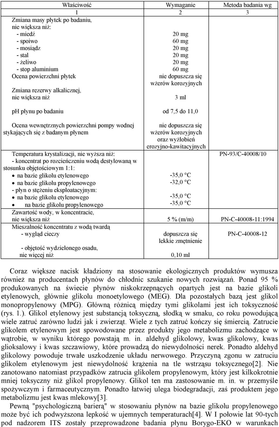 rozcieńczeniu wodą destylowaną w stosunku objętościowym 1:1: płyn o stężeniu eksploatacyjnym: oraz wyżłobień erozyjno kawitacyjnych 32,0 C PN 93/C 40008/10 Zawartość wody, w koncentracie, nie większa