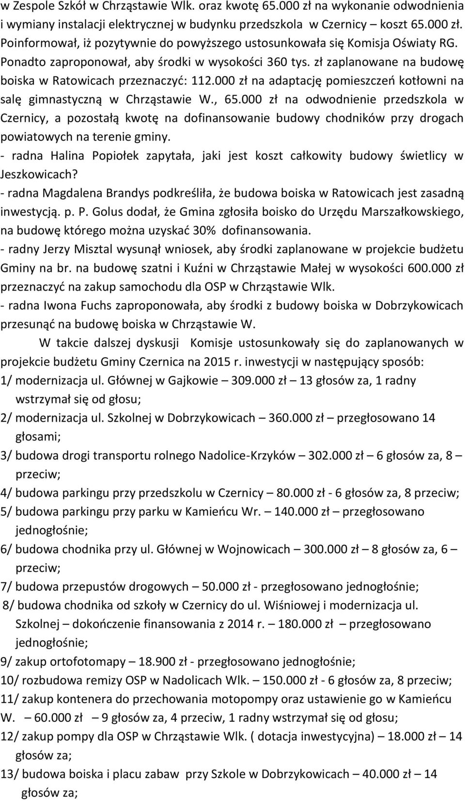 000 zł na odwodnienie przedszkola w Czernicy, a pozostałą kwotę na dofinansowanie budowy chodników przy drogach powiatowych na terenie gminy.