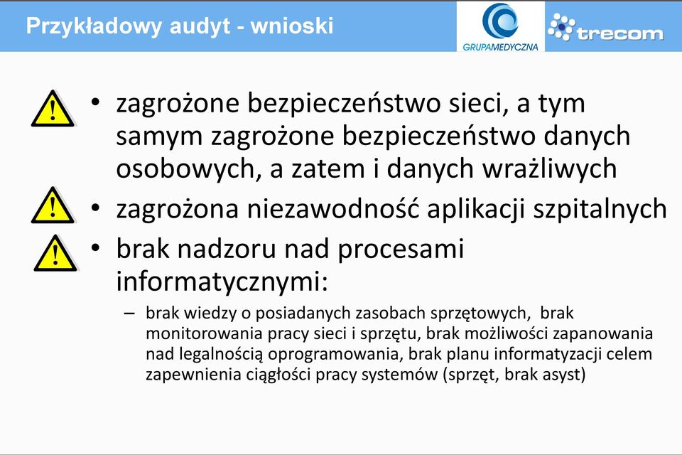 brak wiedzy o posiadanych zasobach sprzętowych, brak monitorowania pracy sieci i sprzętu, brak możliwości zapanowania