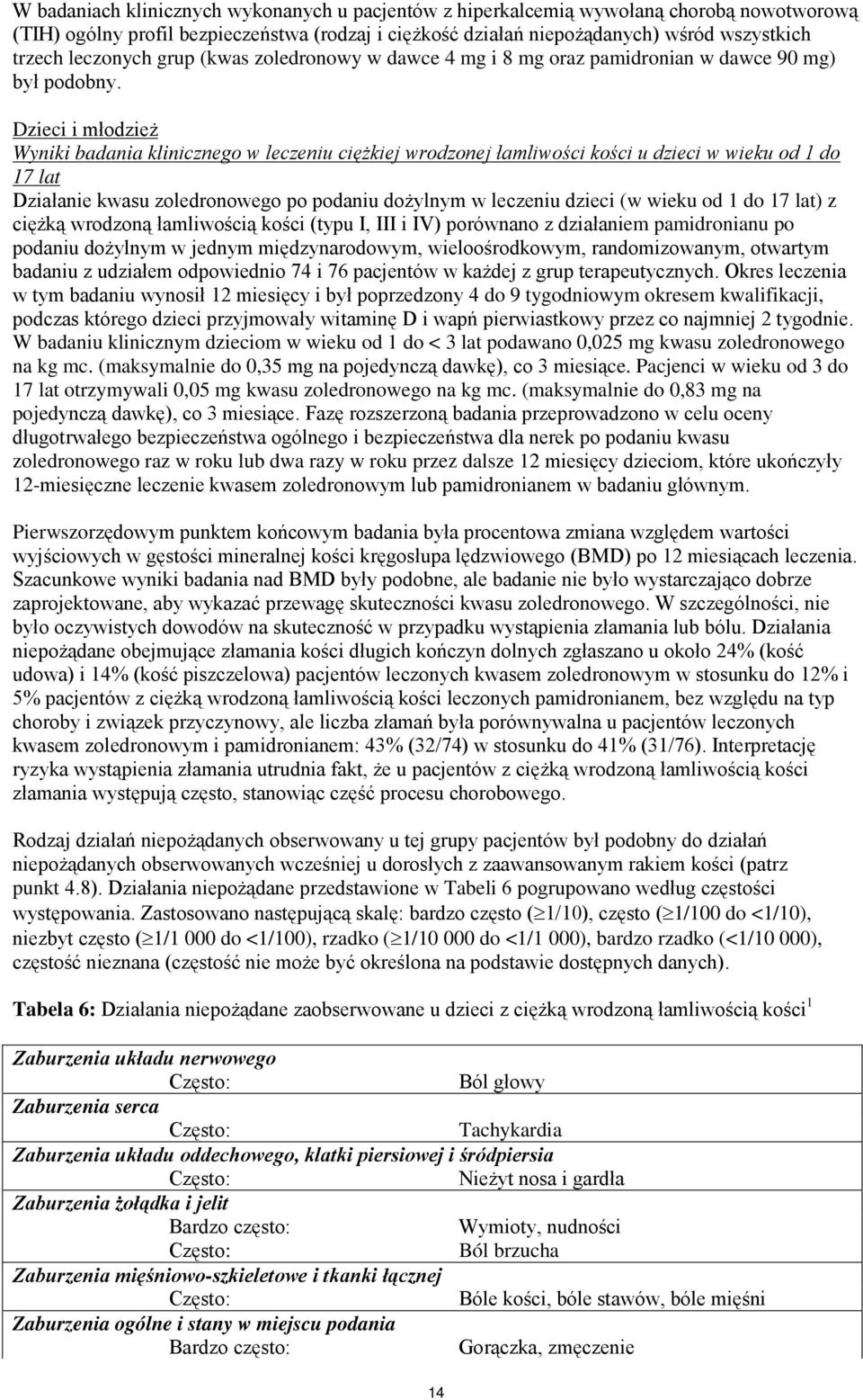 Dzieci i młodzież Wyniki badania klinicznego w leczeniu ciężkiej wrodzonej łamliwości kości u dzieci w wieku od 1 do 17 lat Działanie kwasu zoledronowego po podaniu dożylnym w leczeniu dzieci (w