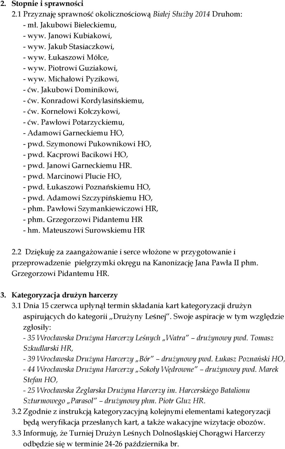 Pawłowi Potarzyckiemu, - Adamowi Garneckiemu HO, - pwd. Szymonowi Pukownikowi HO, - pwd. Kacprowi Bacikowi HO, - pwd. Janowi Garneckiemu HR. - pwd. Marcinowi Plucie HO, - pwd.