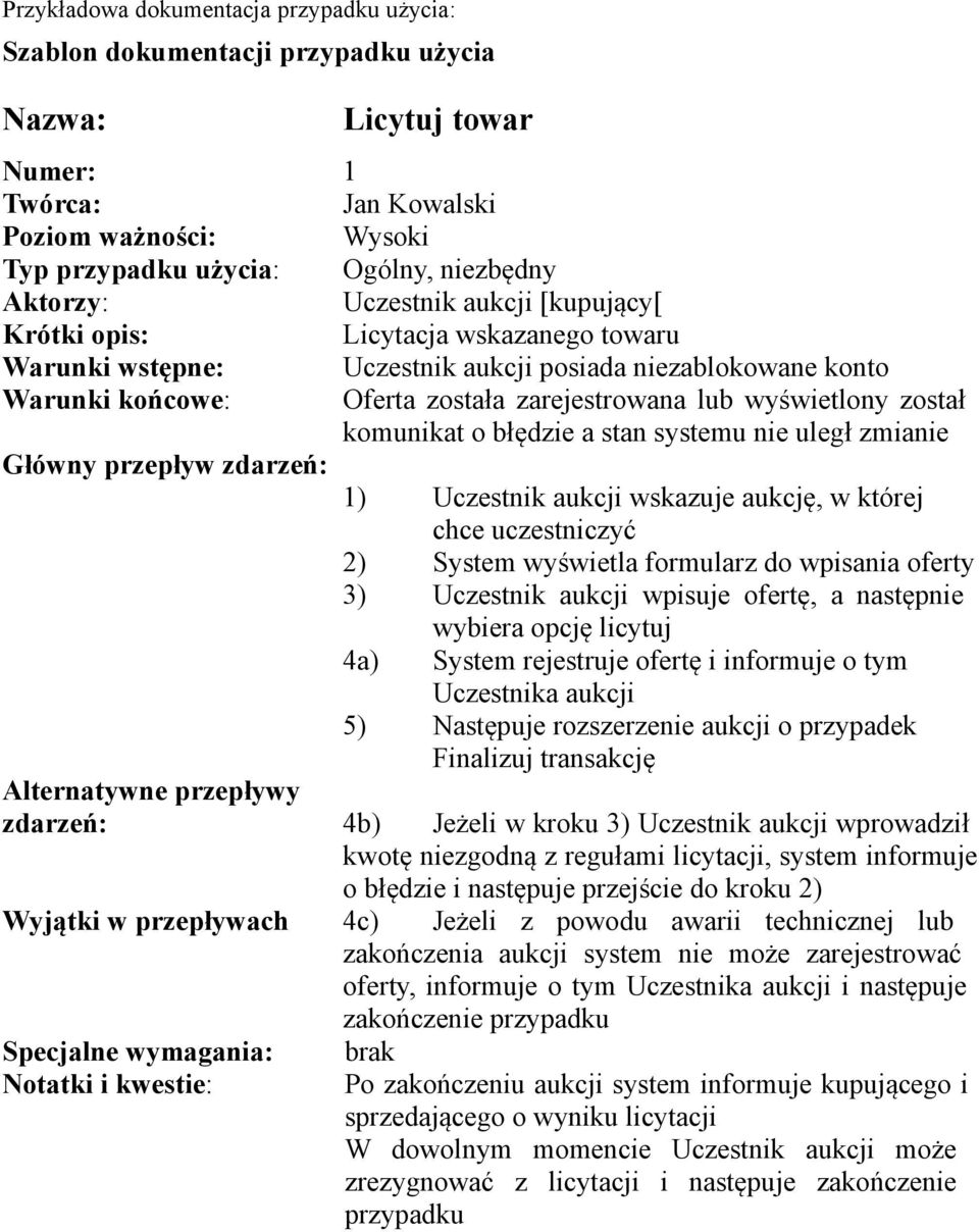 wyświetlony został komunikat o błędzie a stan systemu nie uległ zmianie Główny przepływ zdarzeń: 1) Uczestnik aukcji wskazuje aukcję, w której chce uczestniczyć 2) System wyświetla formularz do