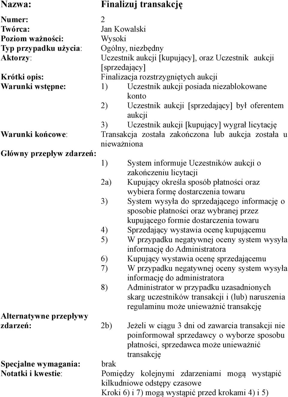 [kupujący] wygrał licytację Warunki końcowe: Transakcja została zakończona lub aukcja została u nieważniona Główny przepływ zdarzeń: 1) System informuje Uczestników aukcji o zakończeniu licytacji 2a)