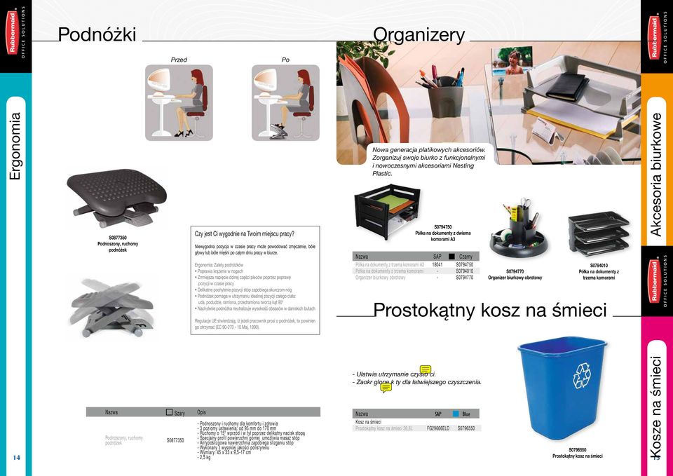 Ergonomia: Zalety podnóżków Poprawia krążenie w nogach Zmniejsza napięcie dolnej części pleców poprzez poprawę pozycji w czasie pracy Delikatne pochylenie pozycji stóp zapobiega skurczom nóg Podnóżek