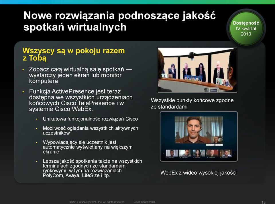 Unikatowa funkcjonalność rozwiązań Cisco Wszystkie punkty końcowe zgodne ze standardami Możliwość oglądania wszystkich aktywnych uczestników Wypowiadający się uczestnik jest automatycznie