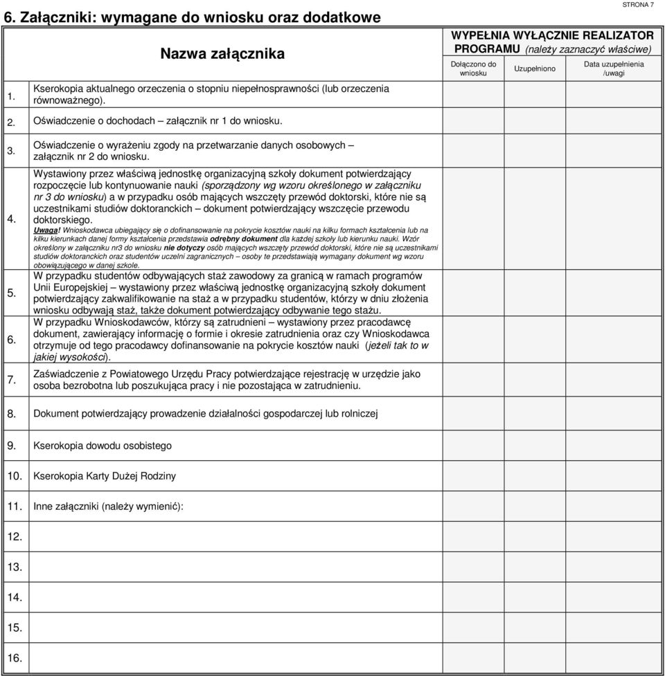 7. Oświadczenie o wyrażeniu zgody na przetwarzanie danych osobowych załącznik nr 2 do wniosku.