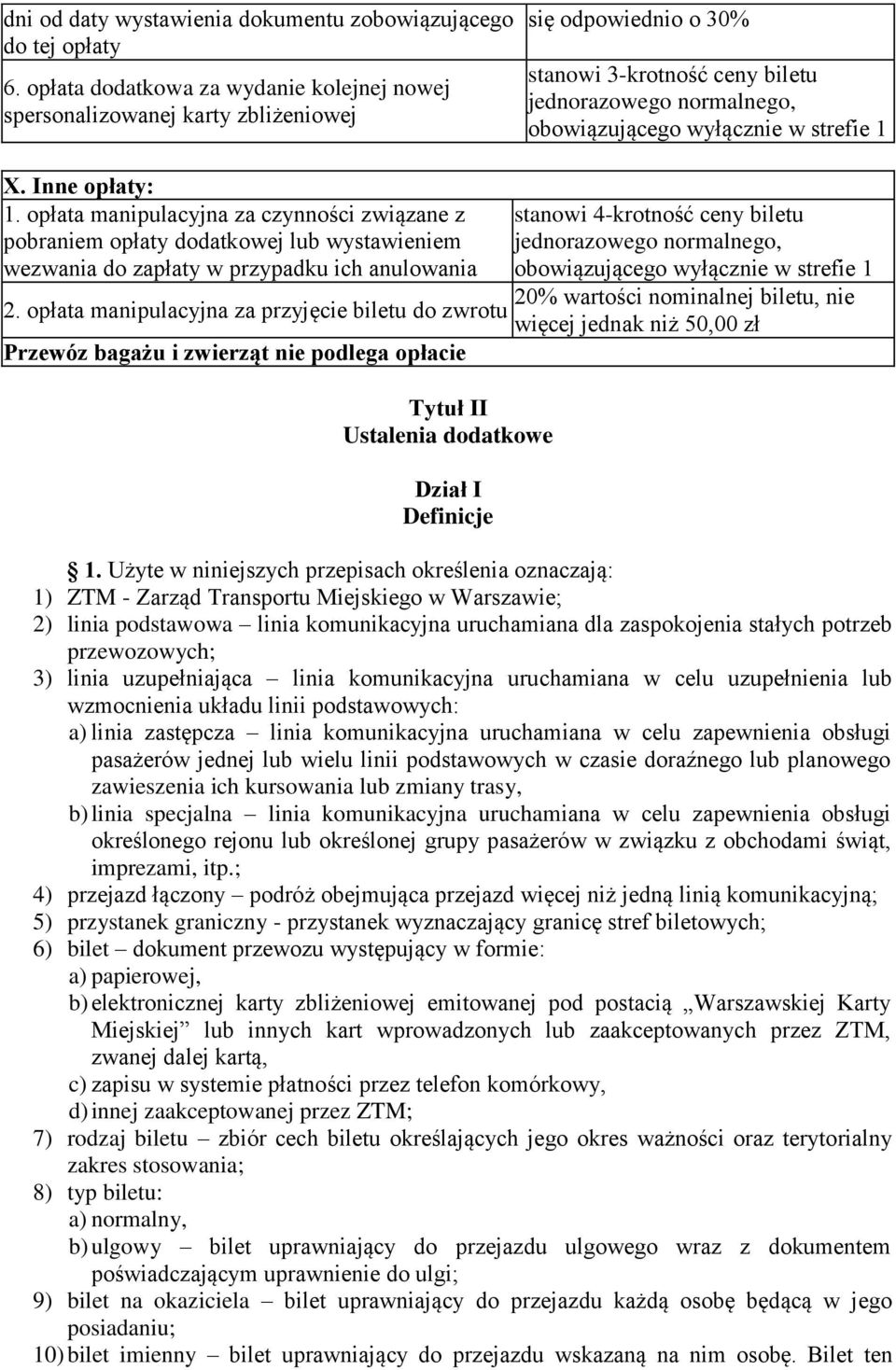 opłata manipulacyjna za przyjęcie biletu do zwrotu Przewóz bagażu i zwierząt nie podlega opłacie Tytuł II Ustalenia dodatkowe Dział I Definicje się odpowiednio o 30% stanowi 3-krotność ceny biletu