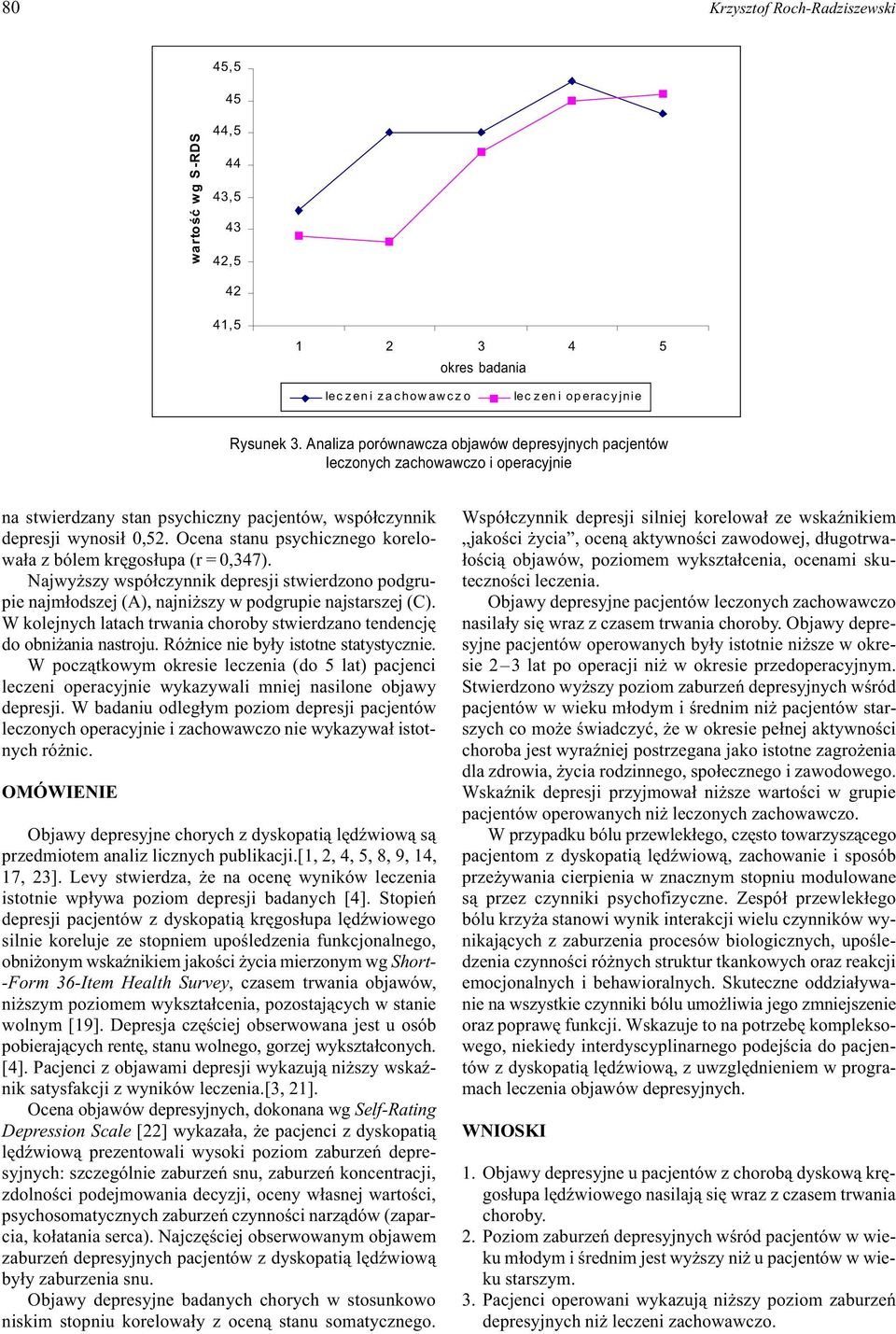 Ocena stanu psychicznego korelowa³a z bólem krêgos³upa (r = 0,347). Najwy szy wspó³czynnik depresji stwierdzono podgrupie najm³odszej (A), najni szy w podgrupie najstarszej (C).