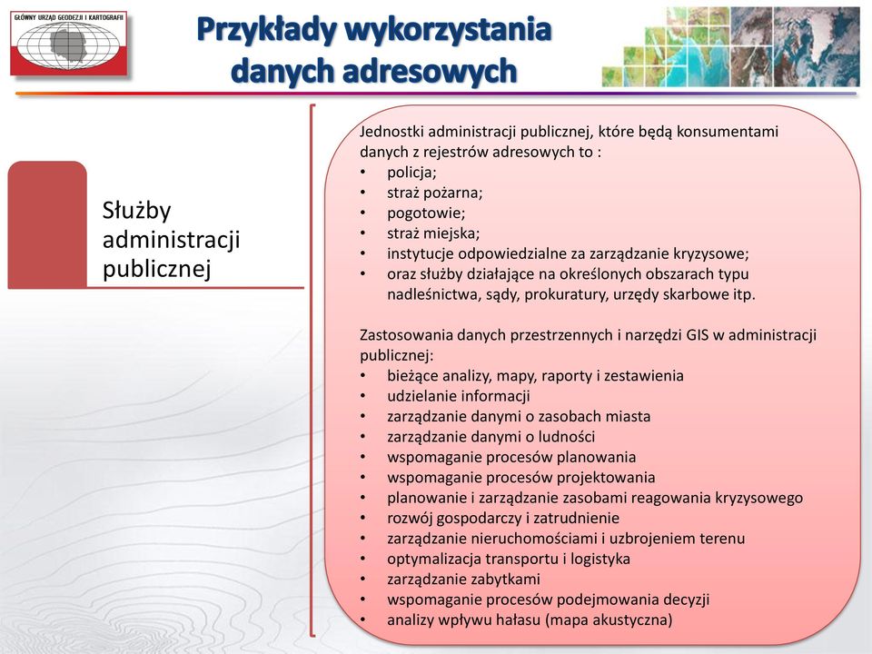 Zastosowania danych przestrzennych i narzędzi GIS w administracji publicznej: bieżące analizy, mapy, raporty i zestawienia udzielanie informacji zarządzanie danymi o zasobach miasta zarządzanie