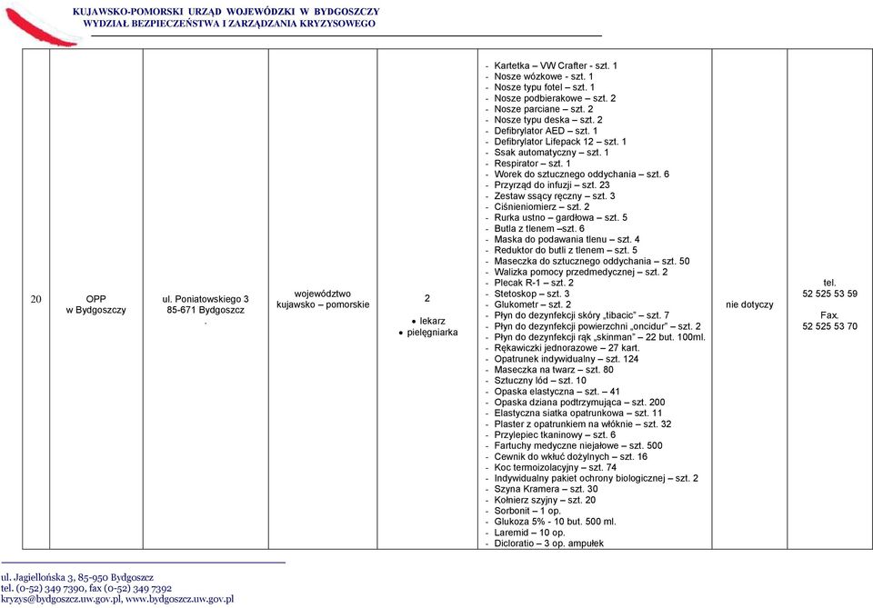 1 - Worek do sztucznego oddychania szt. 6 - Przyrząd do infuzji szt. 23 - Zestaw ssący ręczny szt. 3 - Ciśnieniomierz szt. 2 - Rurka ustno gardłowa szt. 5 - Butla z tlenem szt.