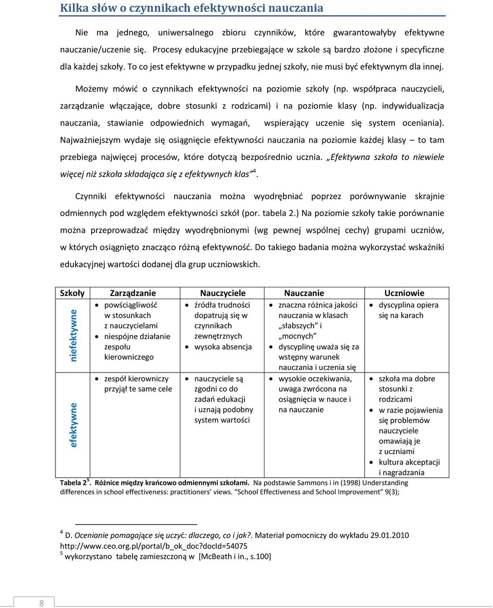 Możemy mówić o czynnikach efektywności na poziomie szkoły (np. współpraca nauczycieli, zarządzanie włączające, dobre stosunki z rodzicami) i na poziomie klasy (np.