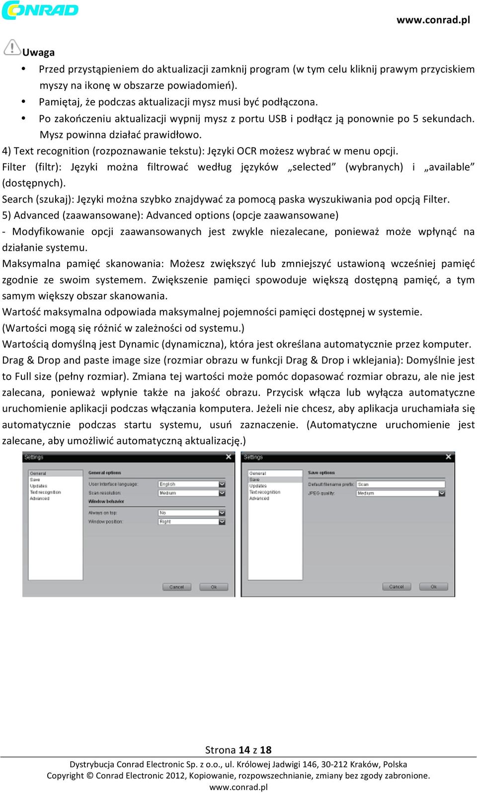 4) Text recognition (rozpoznawanie tekstu): Języki OCR możesz wybrać w menu opcji. Filter (filtr): Języki można filtrować według języków selected (wybranych) i available (dostępnych).