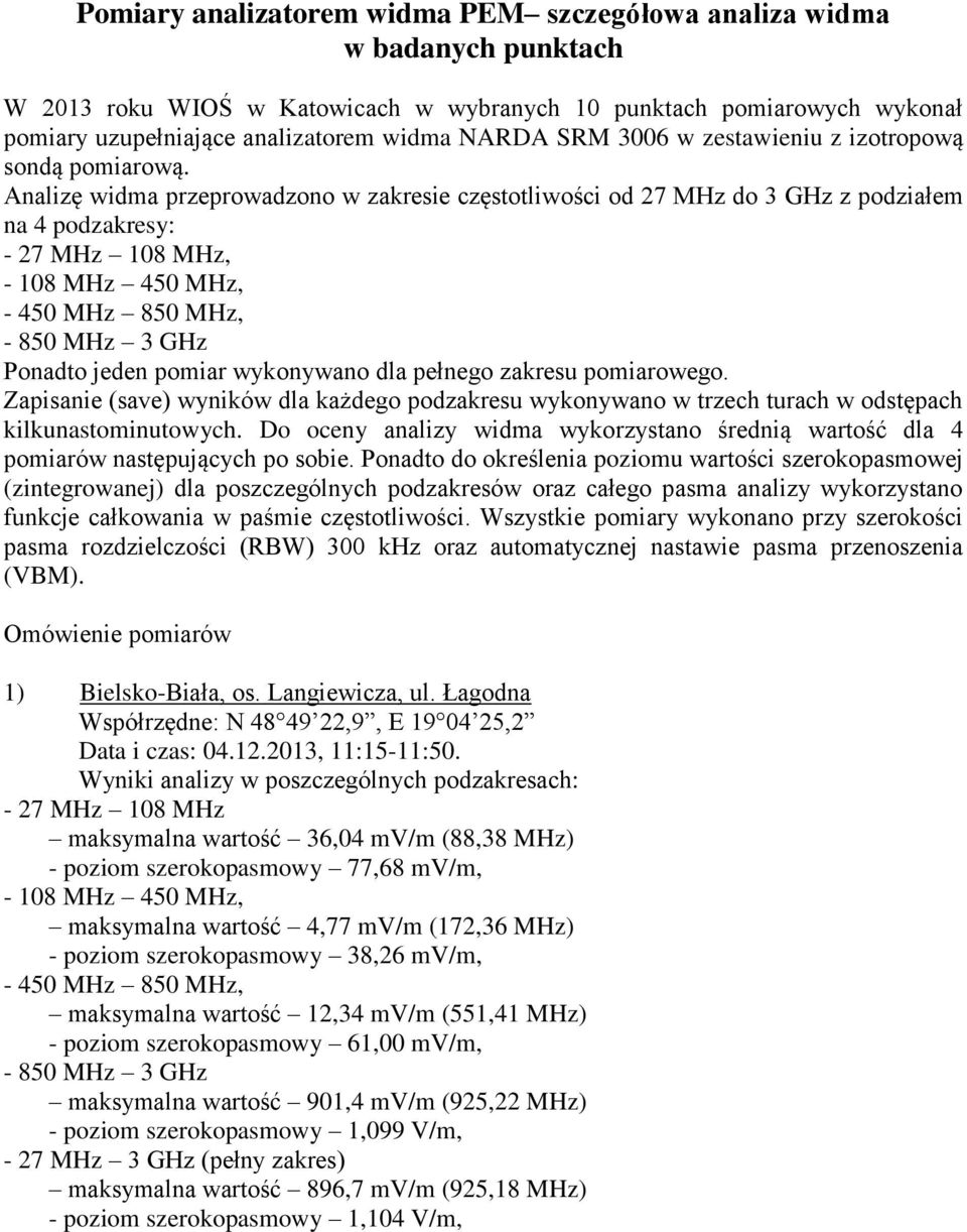 Analizę widma przeprowadzono w zakresie częstotliwości od 27 MHz do 3 GHz z podziałem na 4 podzakresy:, Ponadto jeden pomiar wykonywano dla pełnego zakresu pomiarowego.