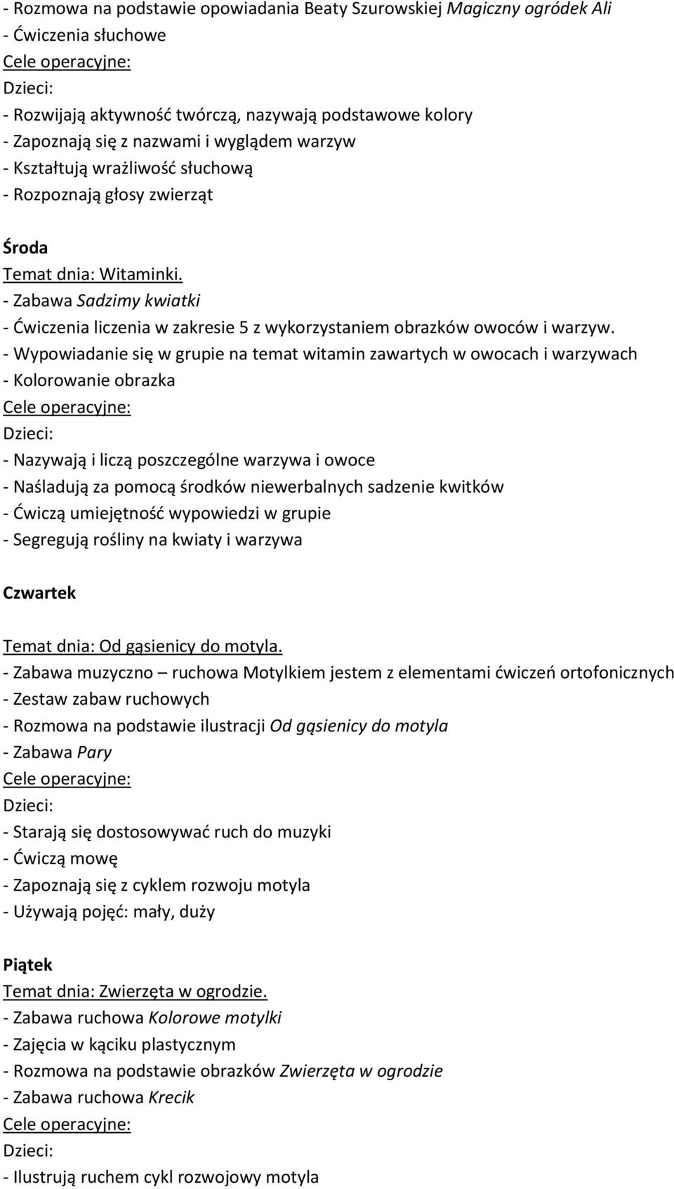 - Wypowiadanie się w grupie na temat witamin zawartych w owocach i warzywach - Kolorowanie obrazka - Nazywają i liczą poszczególne warzywa i owoce - Naśladują za pomocą środków niewerbalnych sadzenie