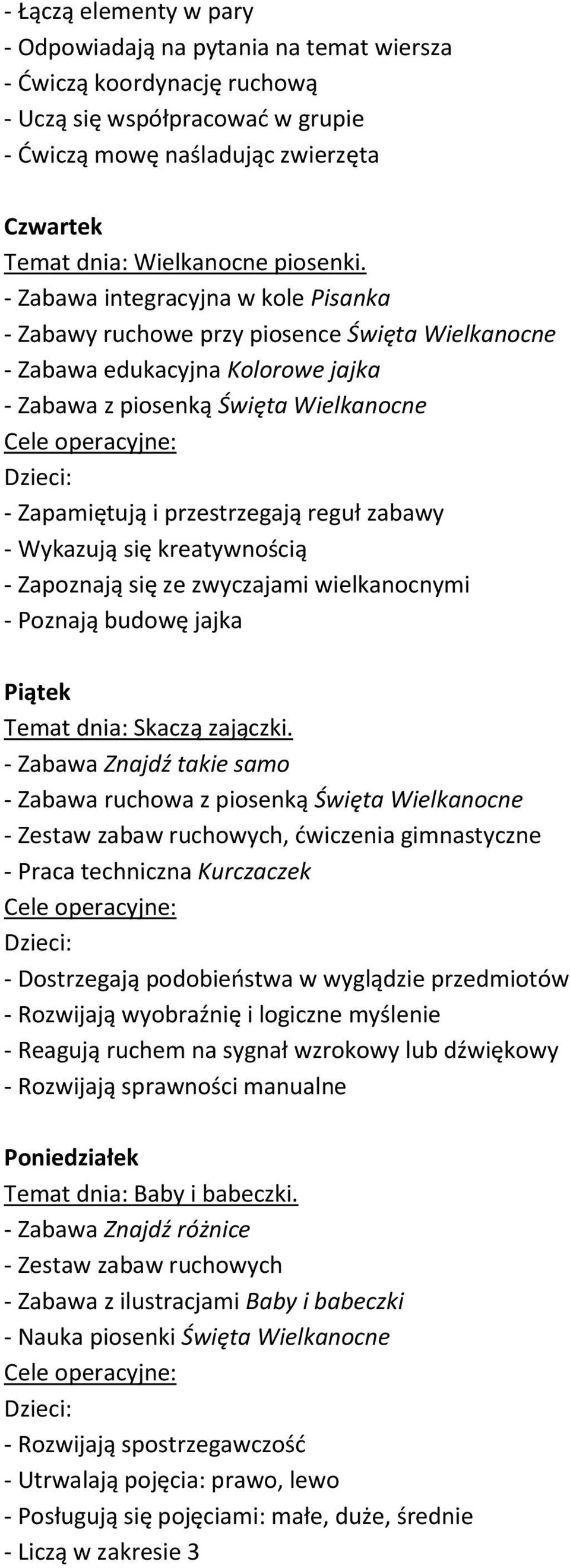 zabawy - Wykazują się kreatywnością - Zapoznają się ze zwyczajami wielkanocnymi - Poznają budowę jajka Temat dnia: Skaczą zajączki.