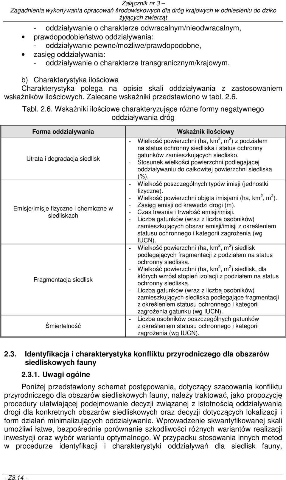 2.6. Wskaźniki ilościowe charakteryzujące róŝne formy negatywnego oddziaływania dróg Forma oddziaływania Utrata i degradacja siedlisk Emisje/imisje fizyczne i chemiczne w siedliskach Fragmentacja