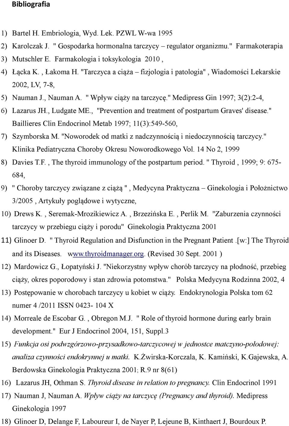 '' Medipress Gin 1997; 3(2):2-4, 6) Lazarus JH., Ludgate ME., ''Prevention and treatment of postpartum Graves' disease.'' Baillieres Clin Endocrinol Metab 1997; 11(3):549-560, 7) Szymborska M.