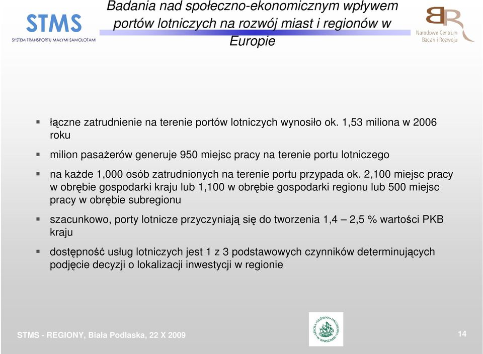 2,100 miejsc pracy w obrębie gospodarki kraju lub 1,100 w obrębie gospodarki regionu lub 500 miejsc pracy w obrębie subregionu szacunkowo, porty lotnicze przyczyniają