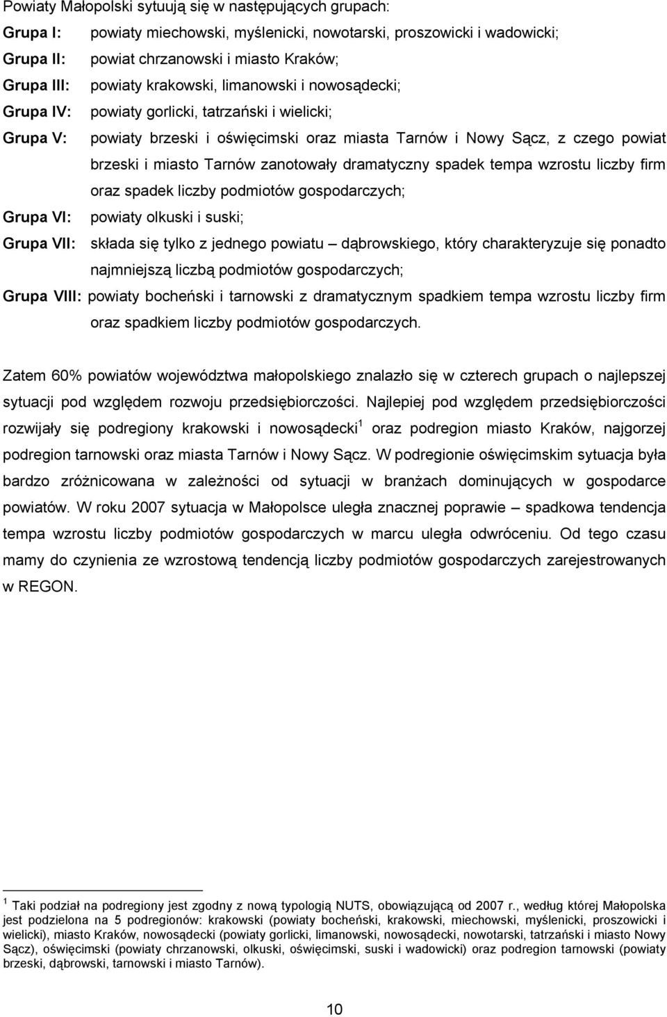 zanotowały dramatyczny spadek tempa wzrostu liczby firm oraz spadek liczby podmiotów gospodarczych; Grupa VI: powiaty olkuski i suski; Grupa VII: składa się tylko z jednego powiatu dąbrowskiego,