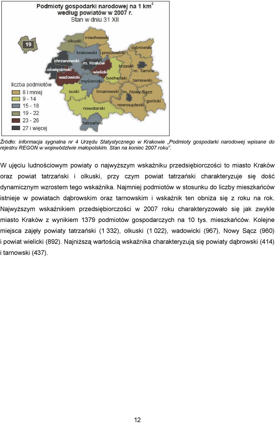 tego wskaźnika. Najmniej podmiotów w stosunku do liczby mieszkańców istnieje w powiatach dąbrowskim oraz tarnowskim i wskaźnik ten obniża się z roku na rok.