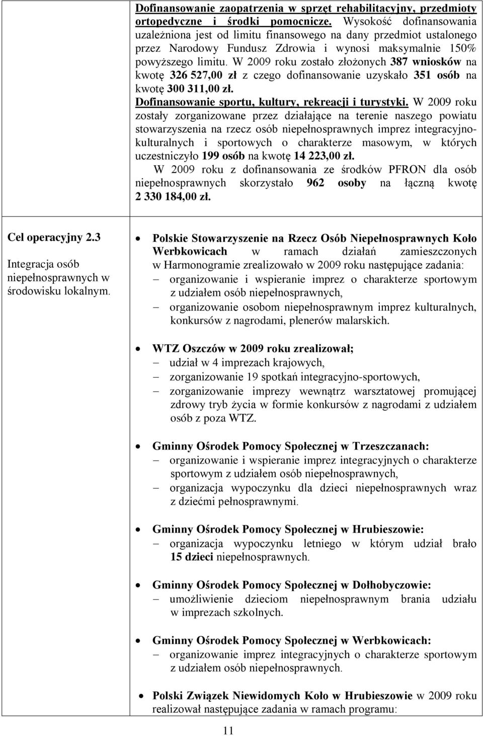 W 2009 roku zostało złożonych 387 wniosków na kwotę 326 527,00 zł z czego dofinansowanie uzyskało 351 osób na kwotę 300 311,00 zł. Dofinansowanie sportu, kultury, rekreacji i turystyki.