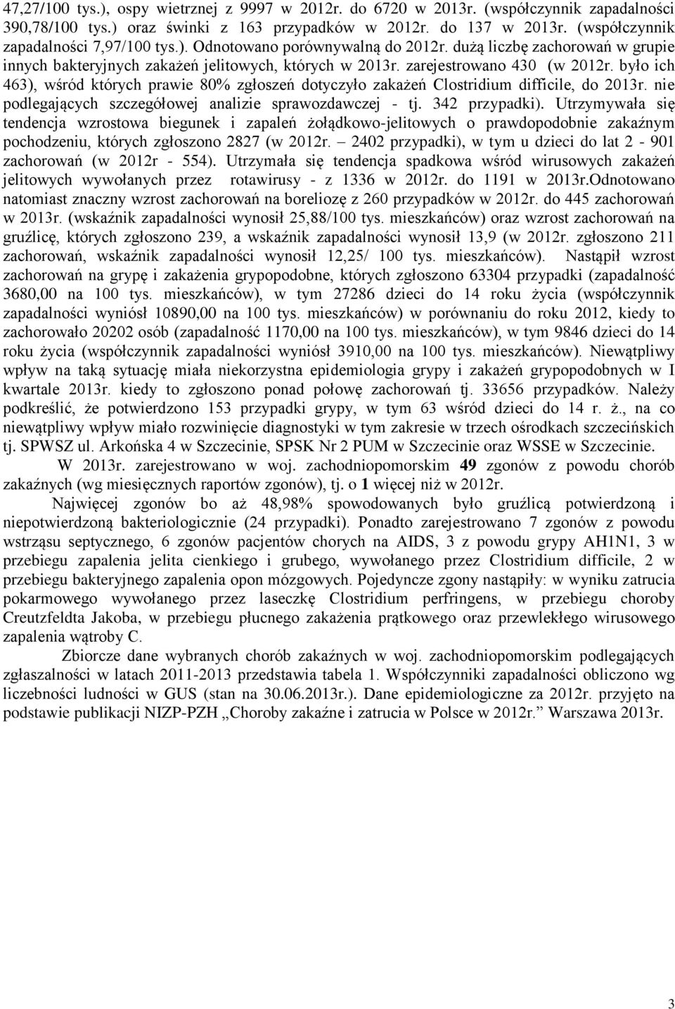 było ich 463), wśród których prawie 80% zgłoszeń dotyczyło zakażeń Clostridium difficile, do 2013r. nie podlegających szczegółowej analizie sprawozdawczej - tj. 342 przypadki).