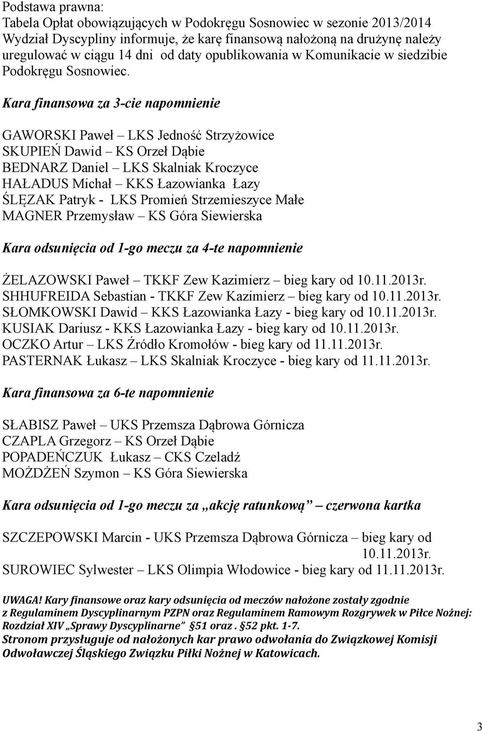 Kara finansowa za 3-cie napomnienie GAWORSKI Paweł LKS Jedność Strzyżowice SKUPIEŃ Dawid KS Orzeł Dąbie BEDNARZ Daniel LKS Skalniak Kroczyce HAŁADUS Michał KKS Łazowianka Łazy ŚLĘZAK Patryk - LKS