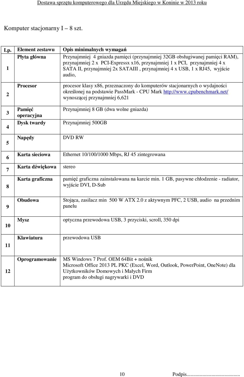 przynajmniej 4 x 1 SATA II, przynajmniej 2x SATAIII, przynajmniej 4 x USB, 1 x RJ45, wyjście audio, 2 3 4 5 6 7 8 9 10 11 12 Procesor Pamięć operacyjna Dysk twardy Napędy Karta sieciowa Karta